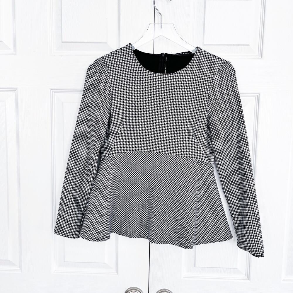 Zara Woman Houndstooth Long Sleeve Peplum Top